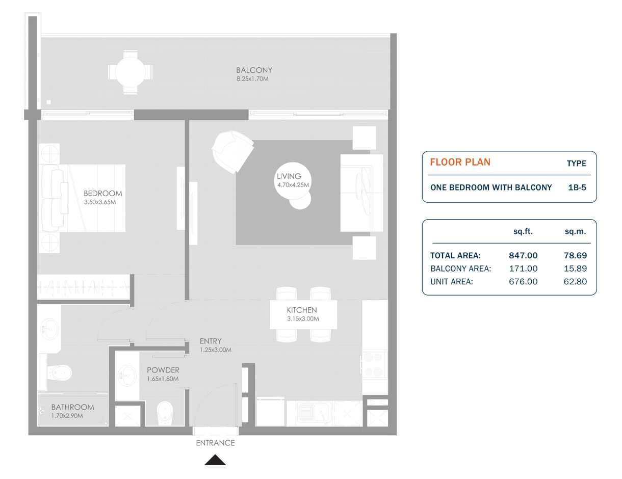 1 Bedroom, Size 847.00 Sq.ft